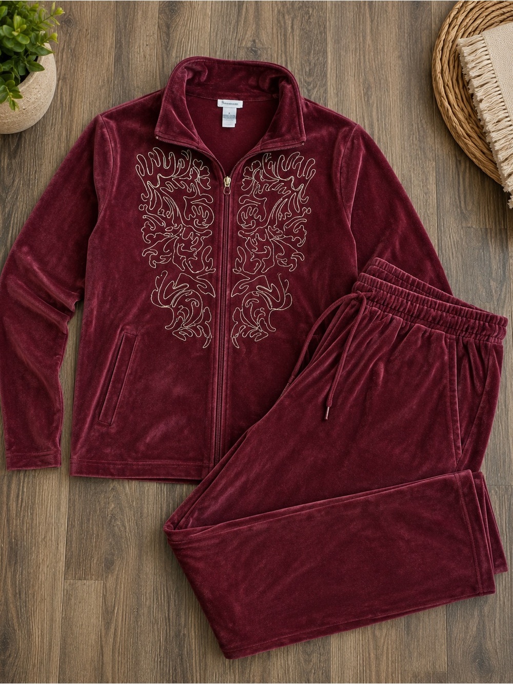 D'lifestyle Velour Zip Hoodie and Pants Set in Deep Wine